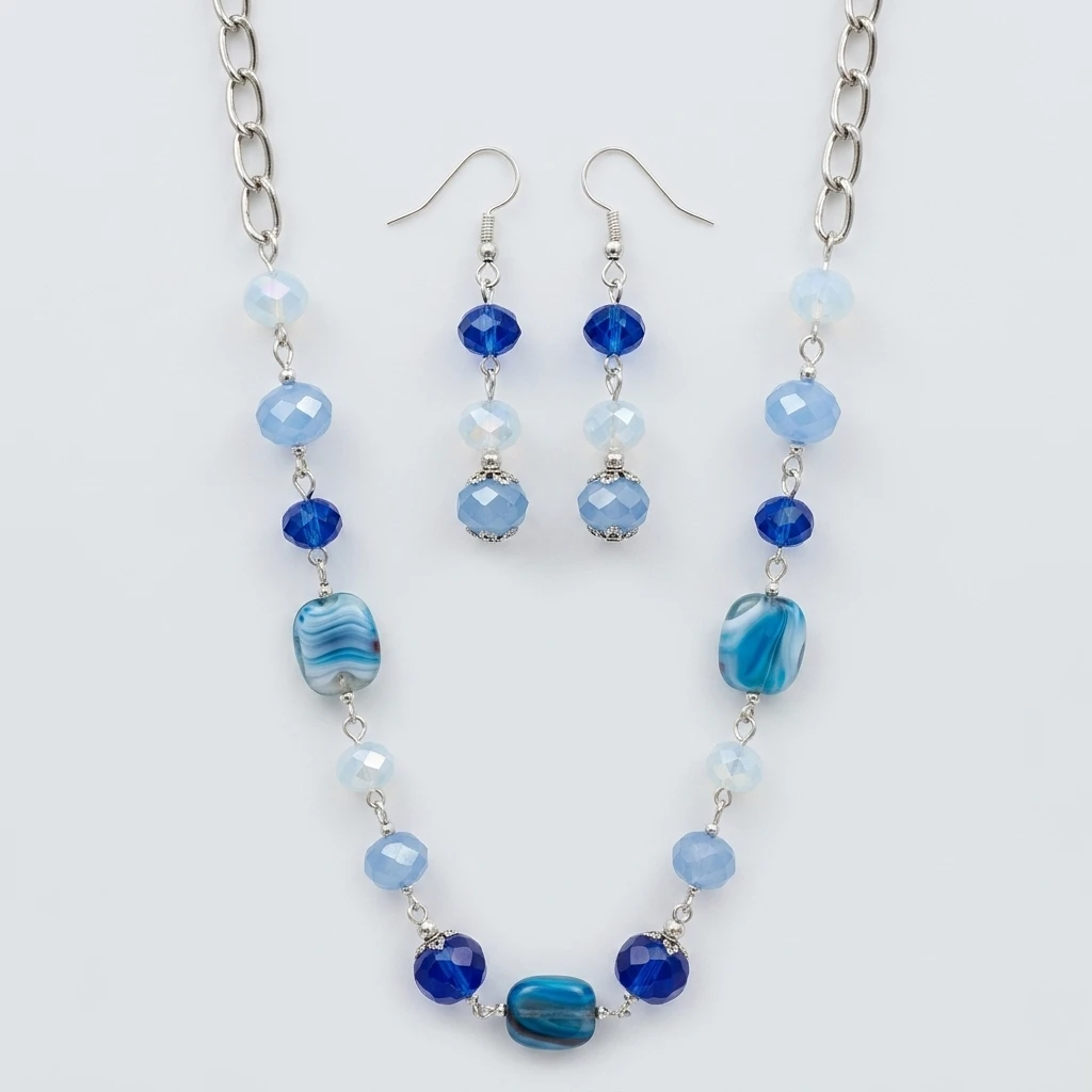 Blue Beaded Necklace and Earring Set
