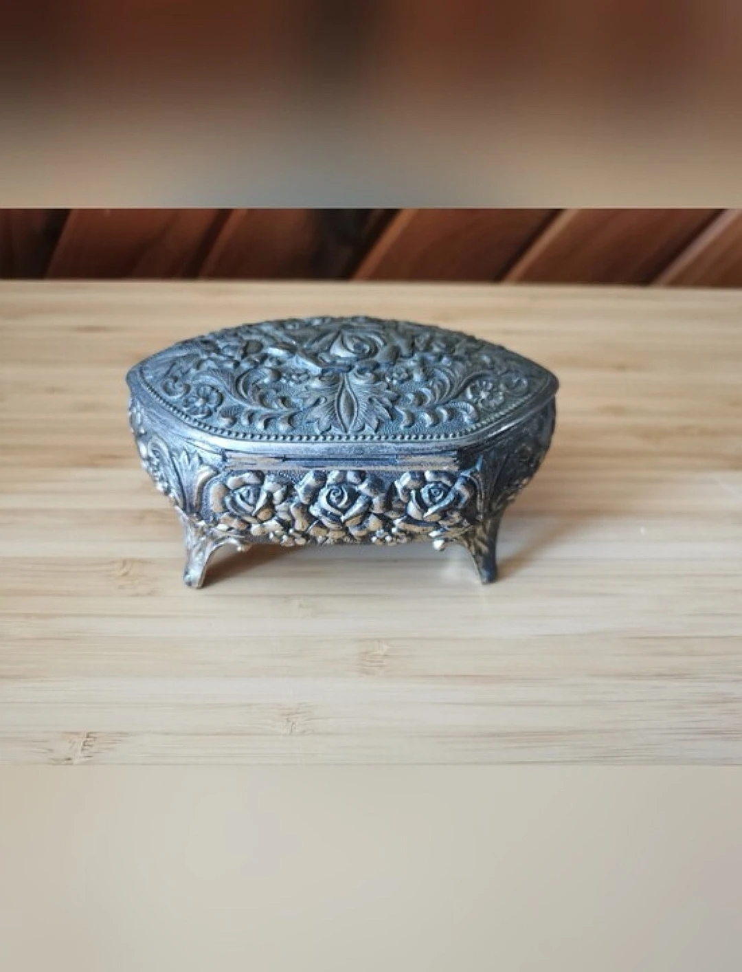 Vintage Silver Plated Floral Red Velvet Lined Trinket Box - photo 5