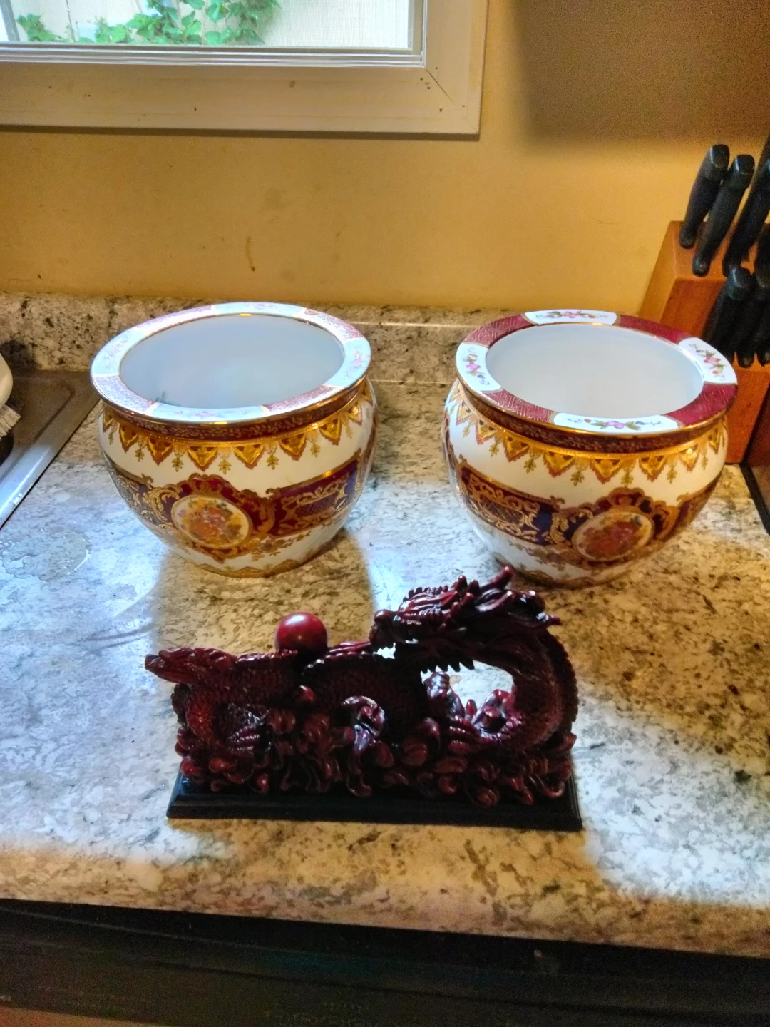 3- Piece Asian decorative Red Dragon Statue and 2 vases