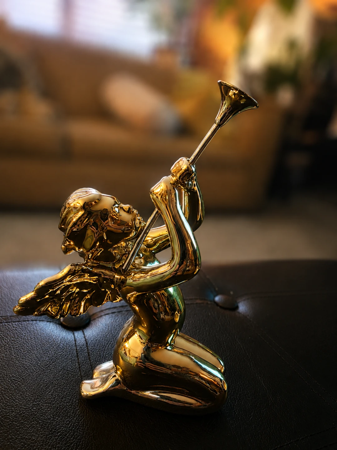 Gold Angel Cherub Figurine with Trumpet