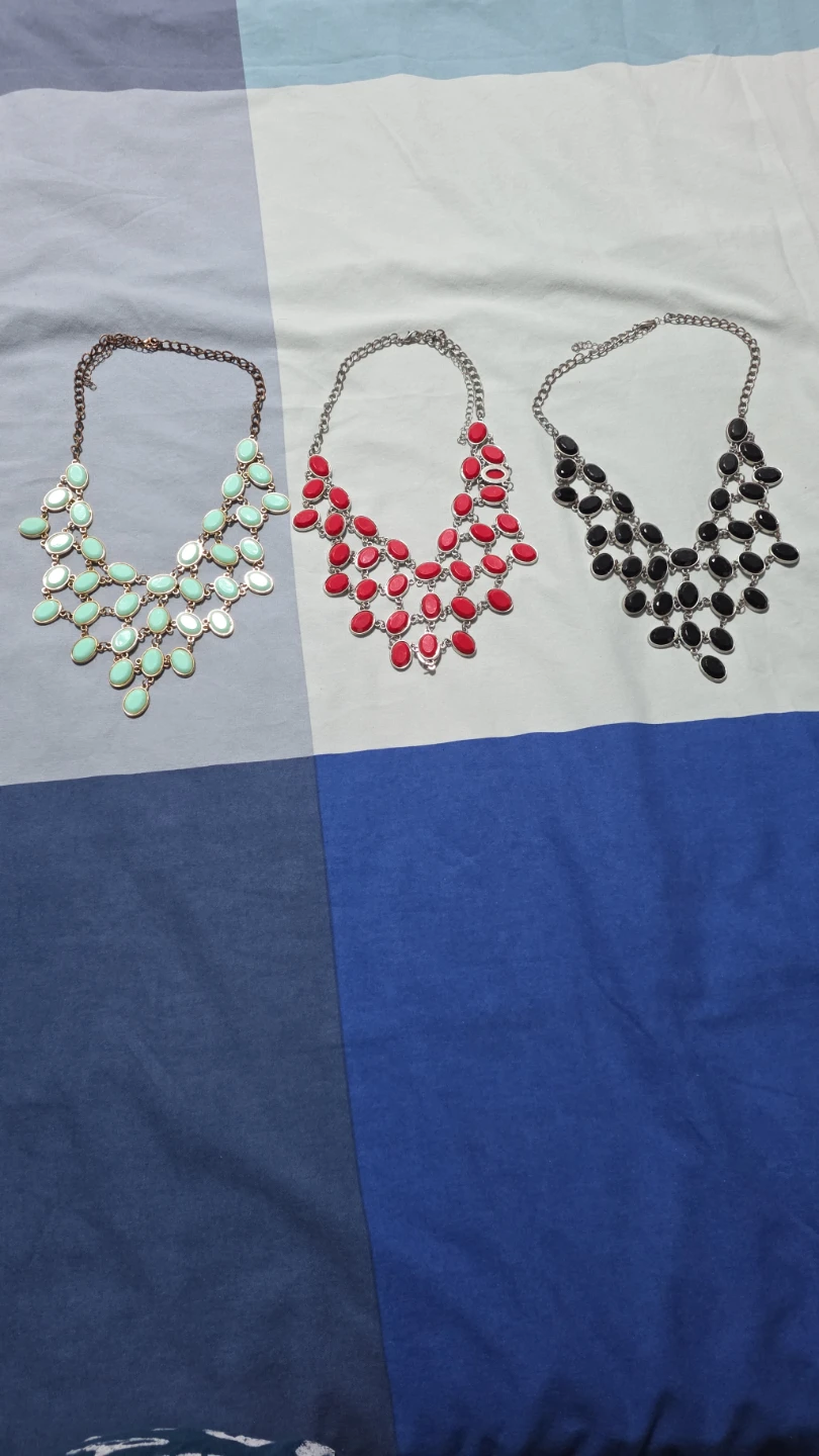Set of 3 Statement Bib Necklaces - Mint, Red, and Black