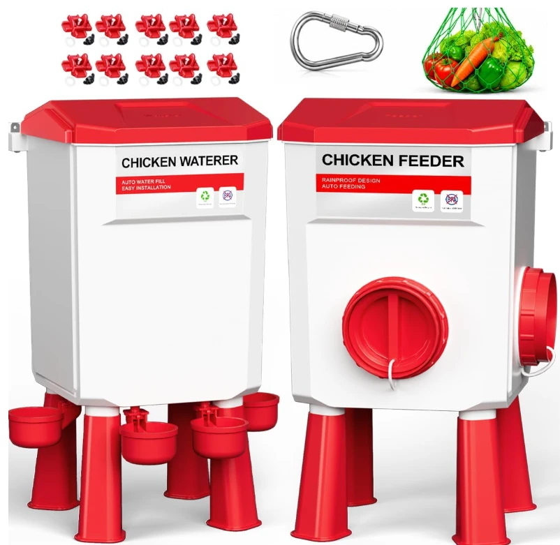 4-in-1 Chicken Feeder & Waterer Set with 10 Nipple Drinkers