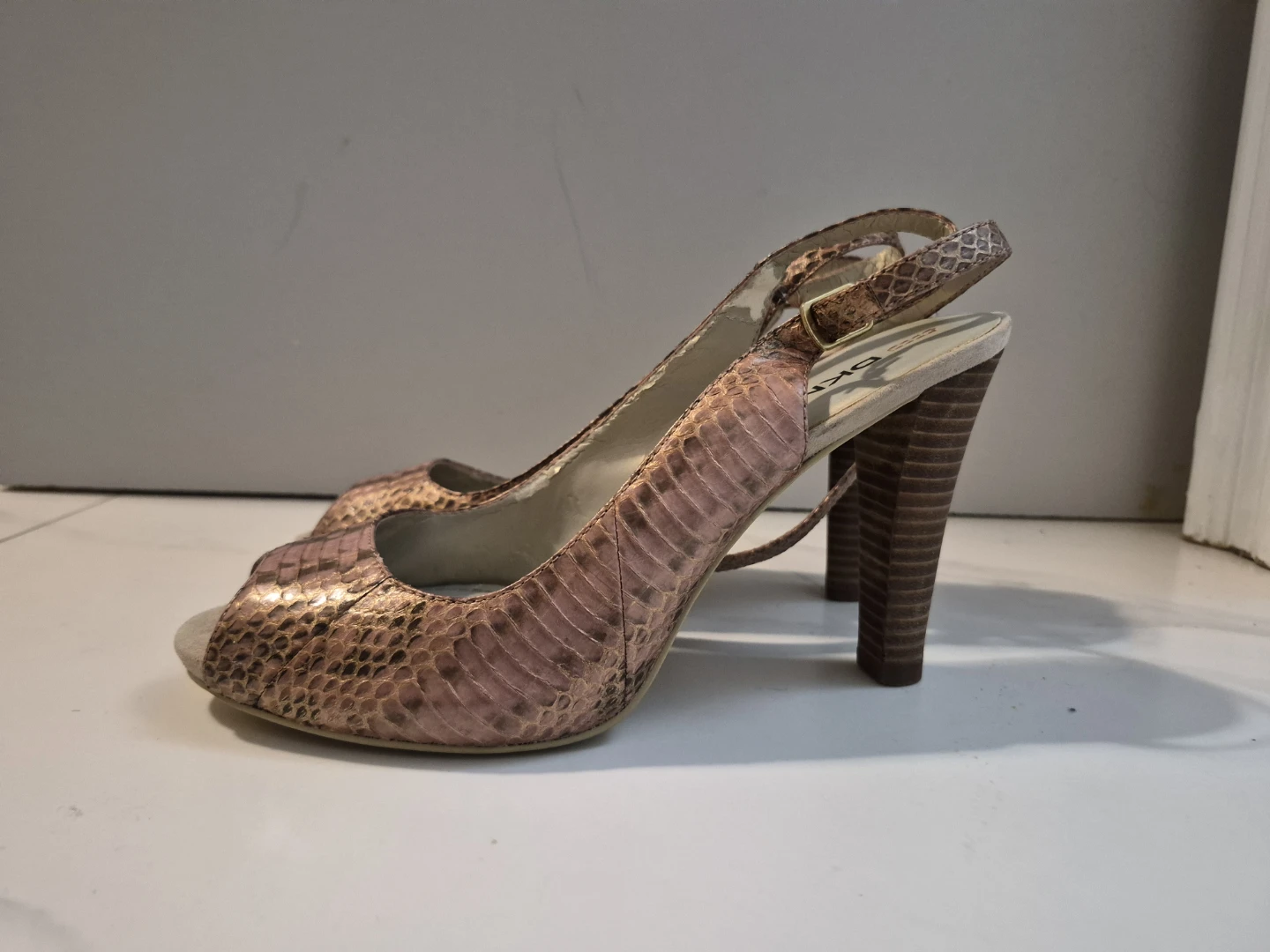 DKNYC Anastasia Snake Embossed Truffle Leather Heels - photo 2