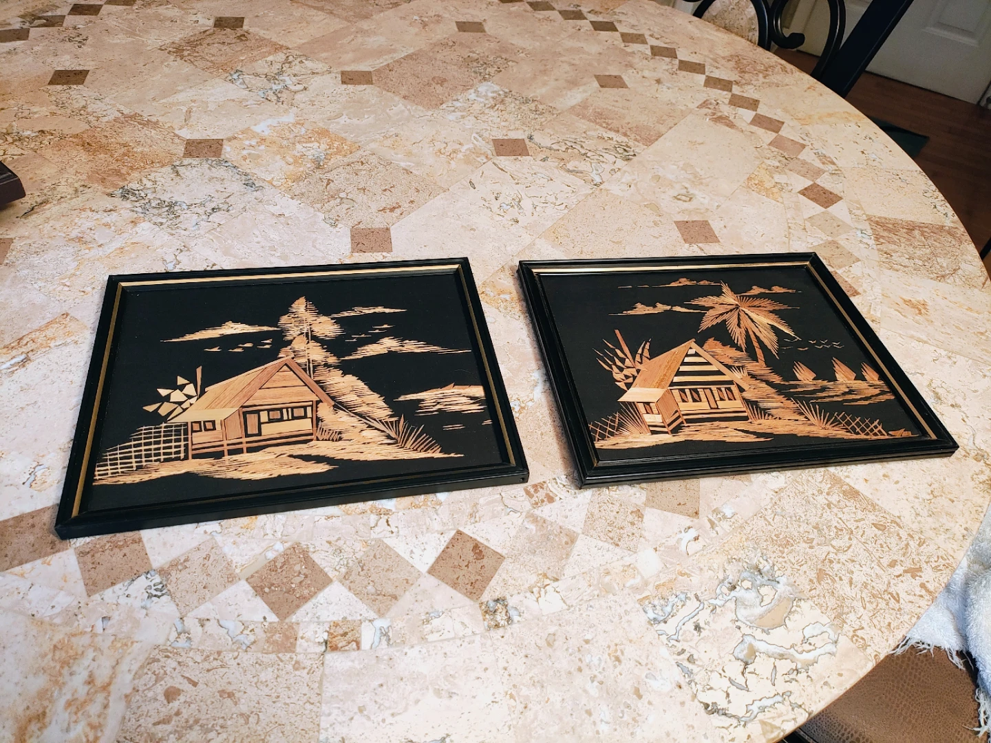 Vintage MCM Asian Rice Straw Art - Framed 8x10