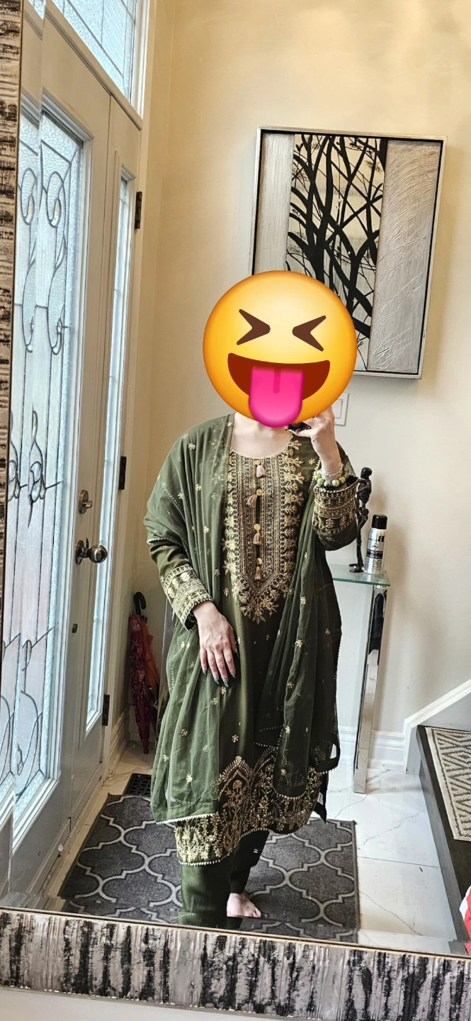 Olive Green Embroidered 3-Piece Salwar Kameez Suit - photo 3