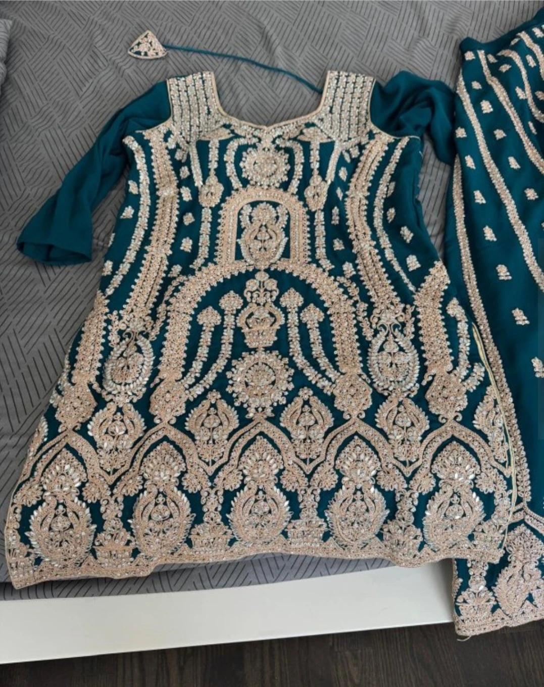 Teal and gold embroidered lehenga choli set