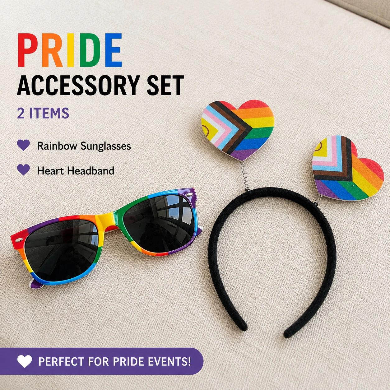 Pride Accessory Set: Rainbow Sunglasses & Heart Headband