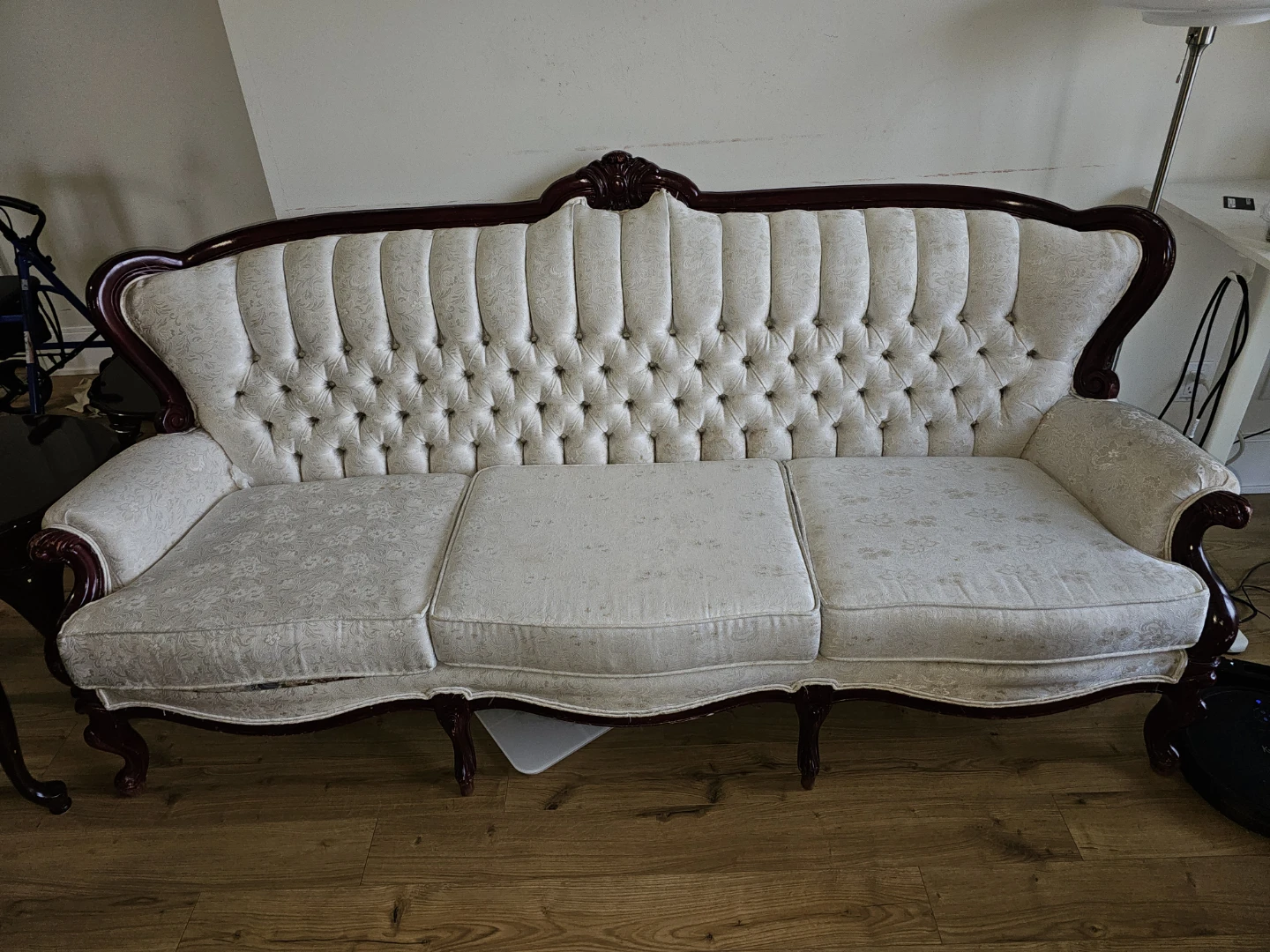 Vintage White Tufted Sofa with Carved Wood Trim - photo 2