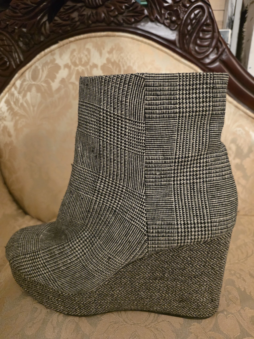 Black and White Plaid Wedge Ankle Boots
