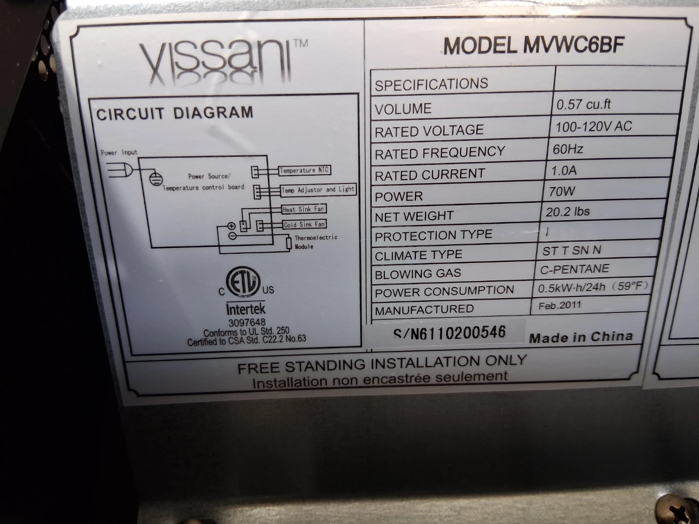 Vissani Mini Fridge MVWC6BF