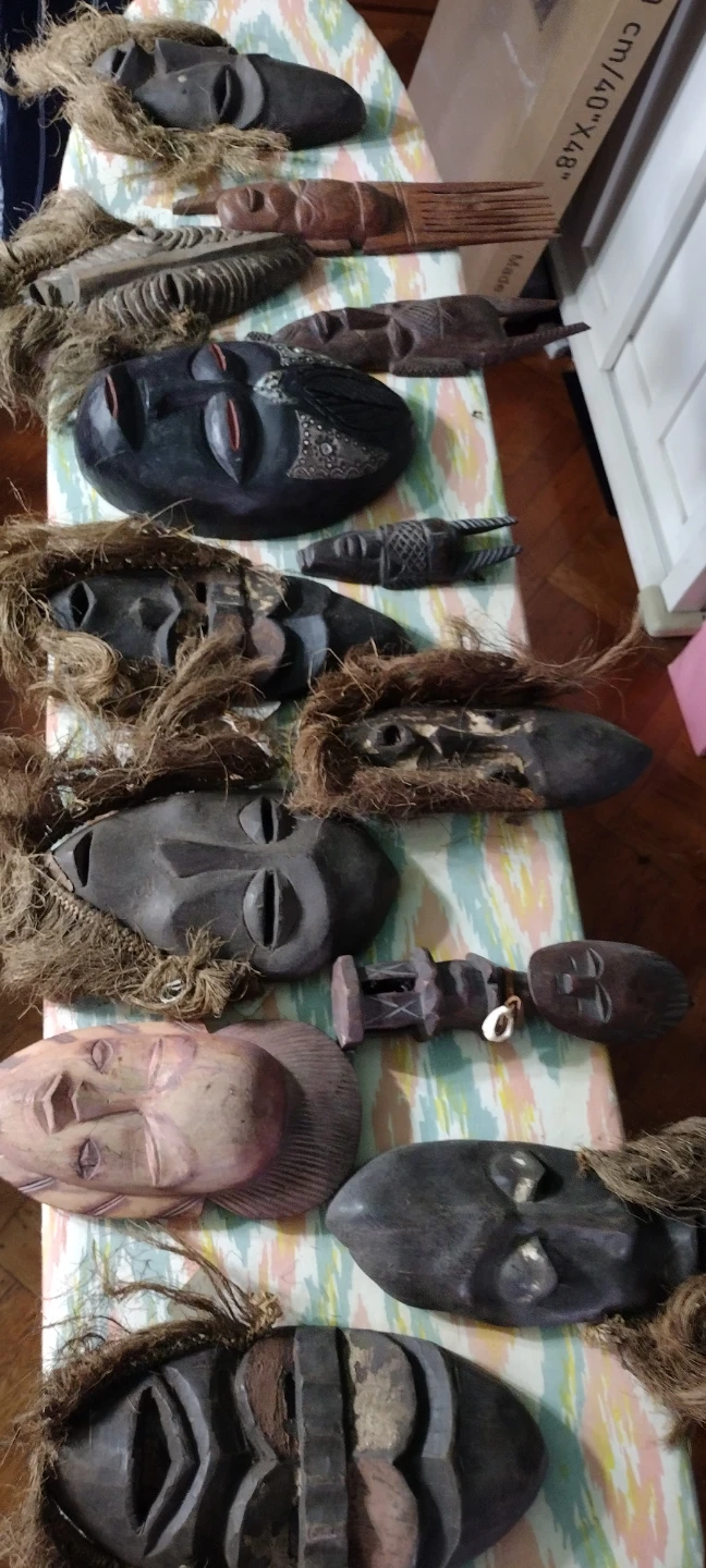 Hand-Carved Wooden Tribal Masks with Grass Hair - photo 3