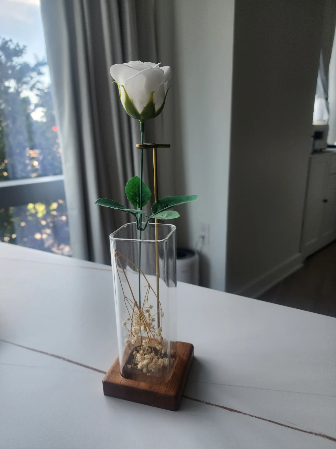 White Rose Teddy Bear Bouquet in Glass Vase