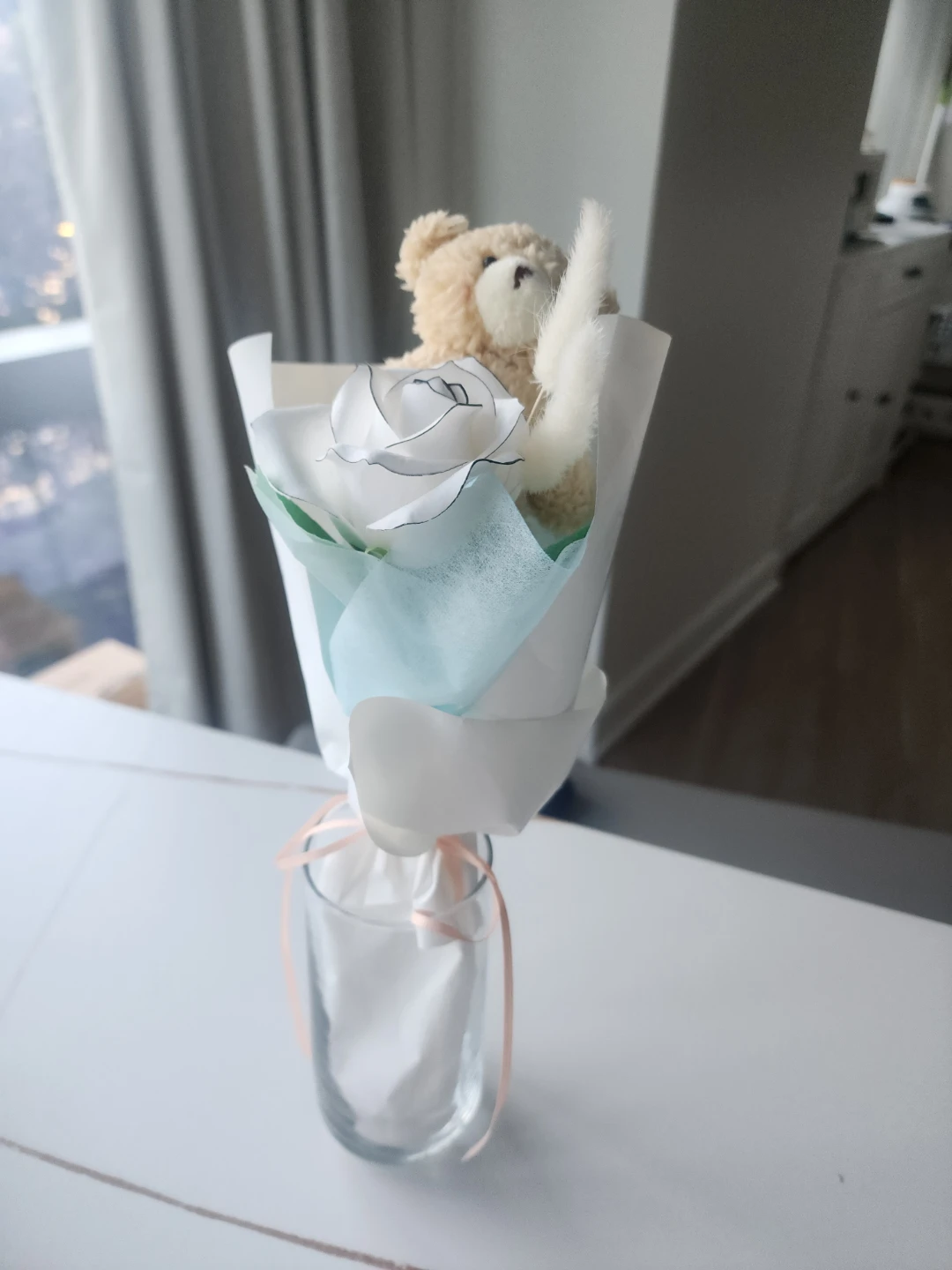 White Rose Teddy Bear Bouquet in Glass Vase - photo 2