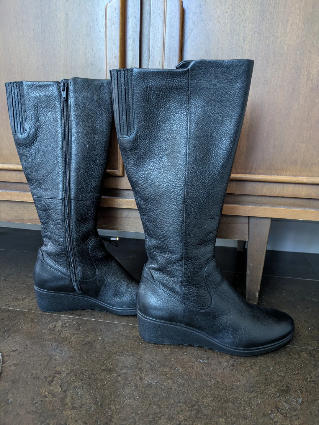 Clarks Black Leather Tall Wedge Boots - Size 8.5