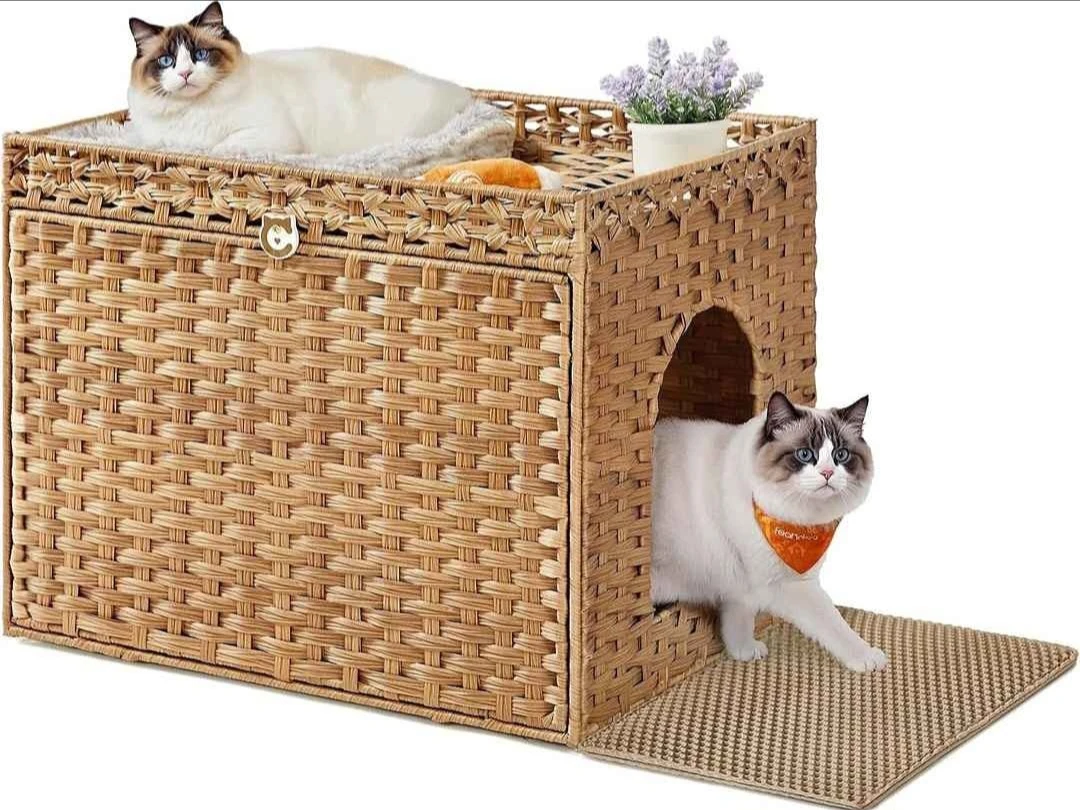Boho Cat House ,Cat Litter Box, Handwoven Rattan Box Furniture.