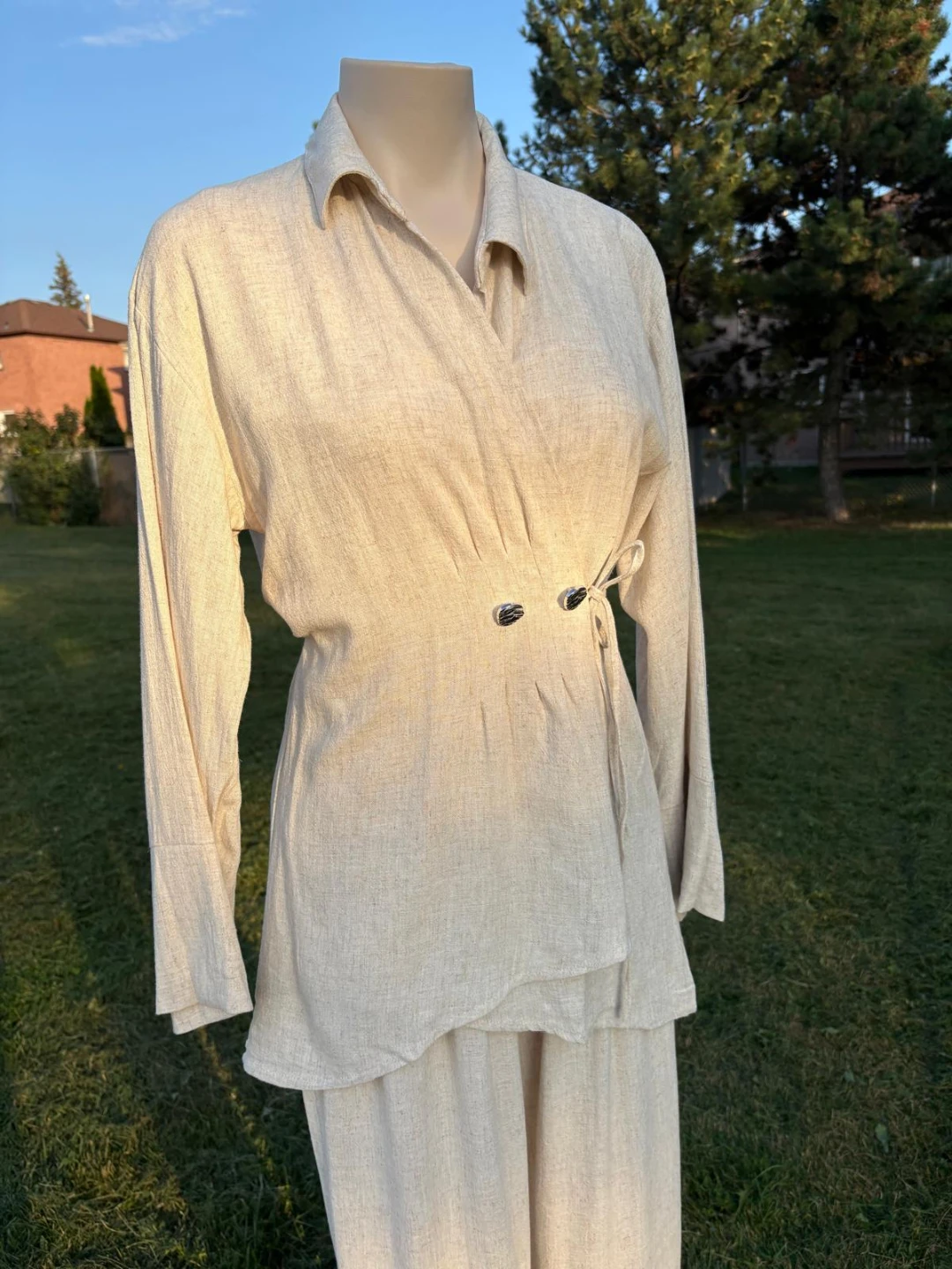 Beige Linen Wrap Top and Pants Set - photo 3