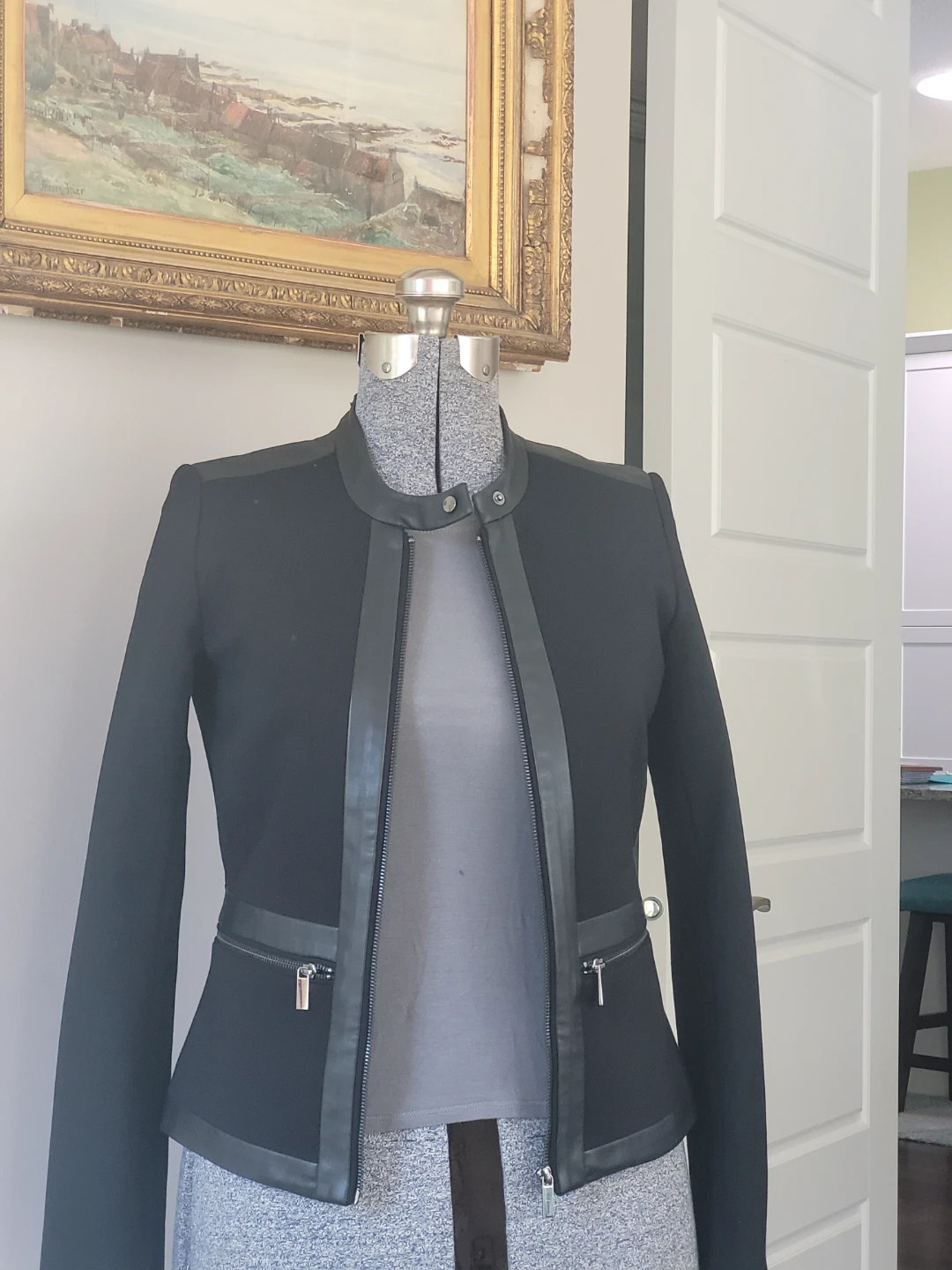 Black medium moto jacket with faux leather trim