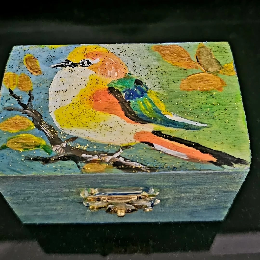 Hand-Painted Wooden Trinket Box with Bird Design