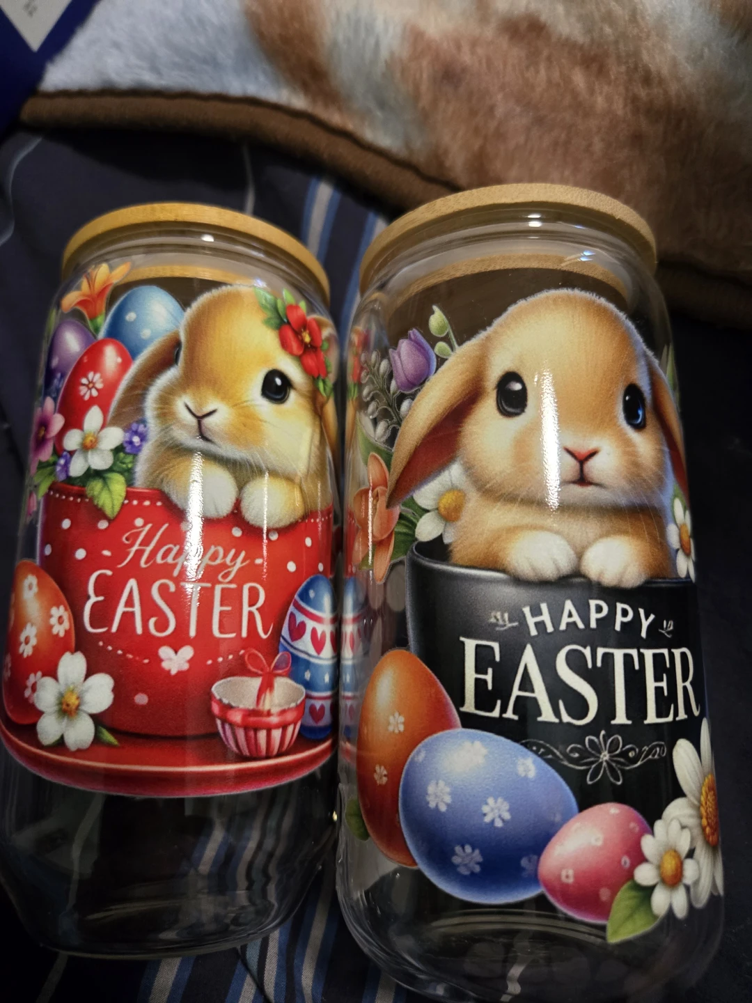 Set of 2 Happy Easter Bunny Glasses with Bamboo Lids