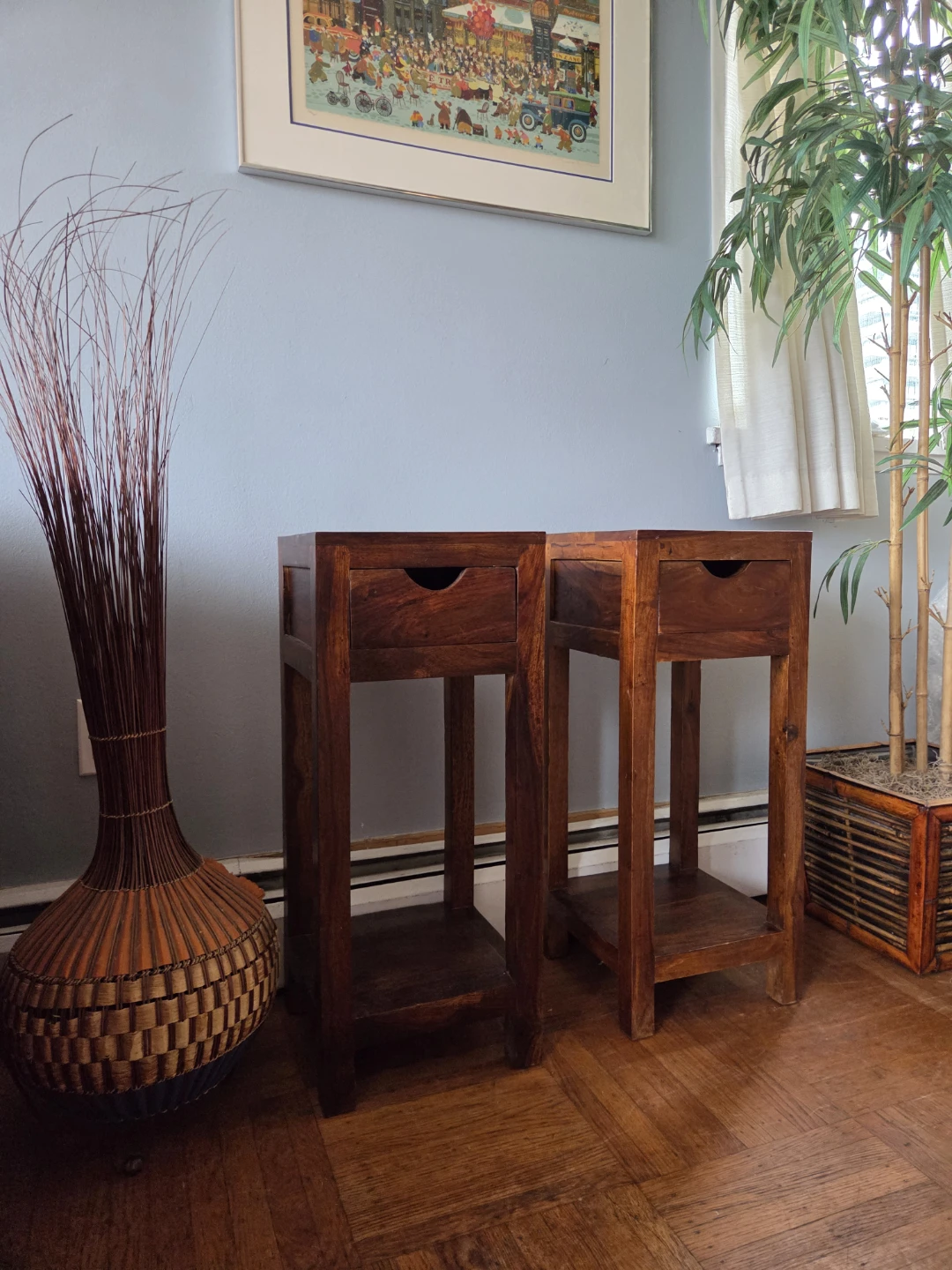 Pair of Rustic Modern Solid Acacia Single Drawer Nightstands - photo 4