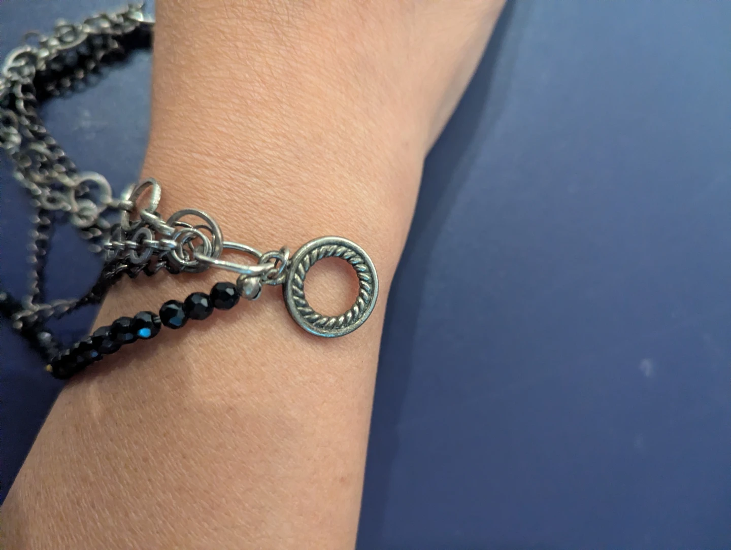 Multi-strand Black Bead and Silver Chain Bracelet