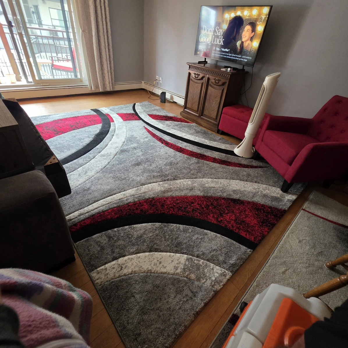 Large Modern Abstract Area Rug (8x11) – Red, Grey & Black Swirls