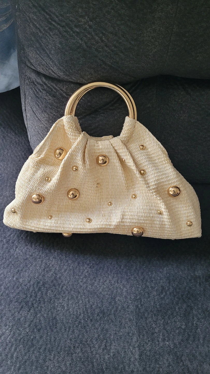 Cream Woven Handbag with Gold Studs