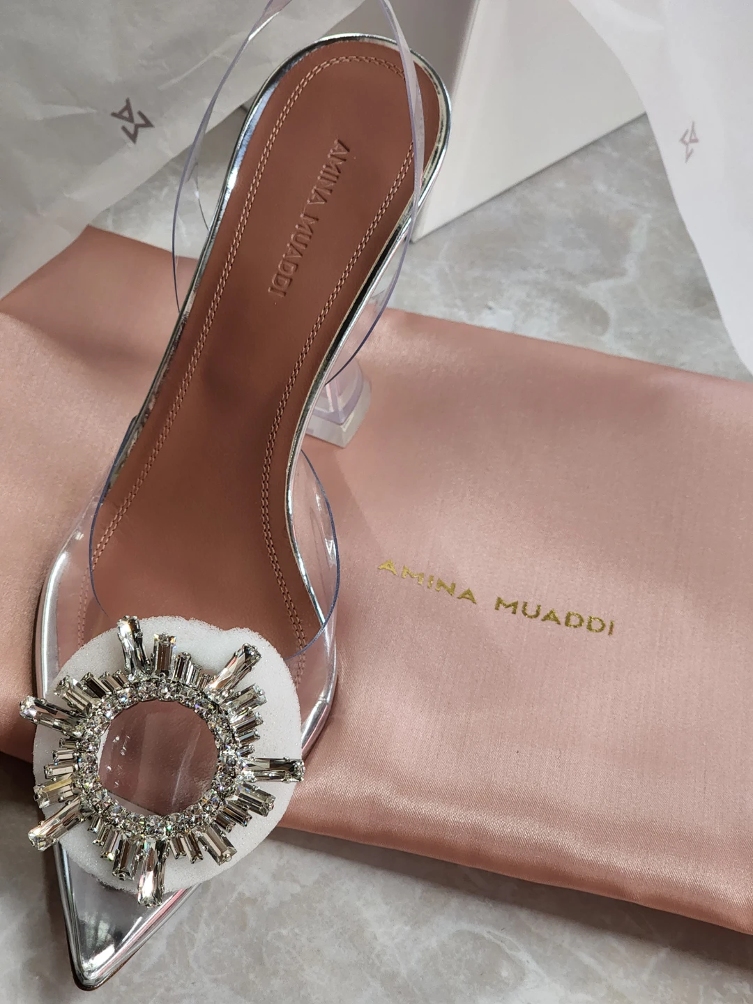Amina Muaddi crystal begum sling back pumps
