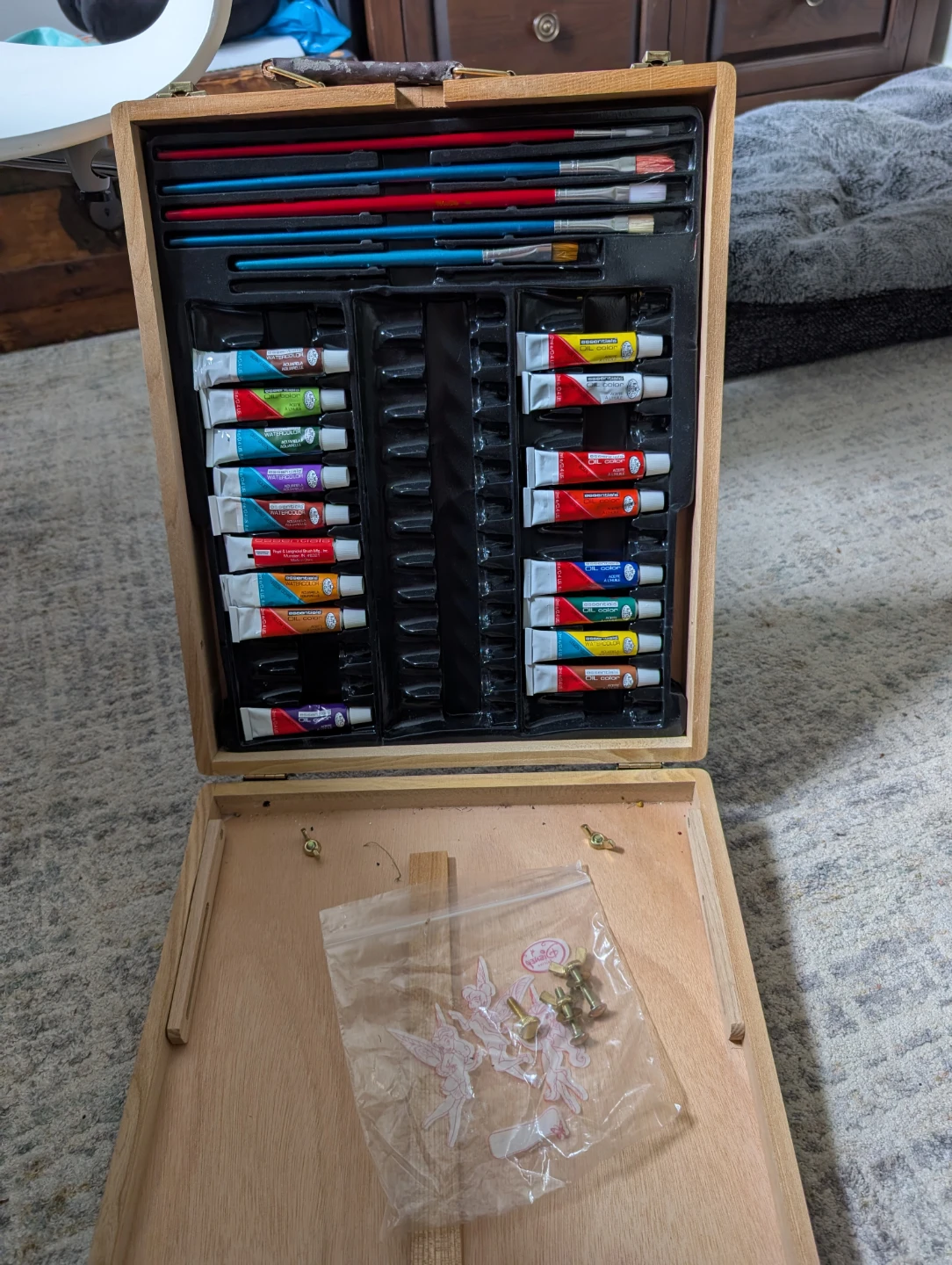 Wooden Art Box with Paint Brushes and Tubes