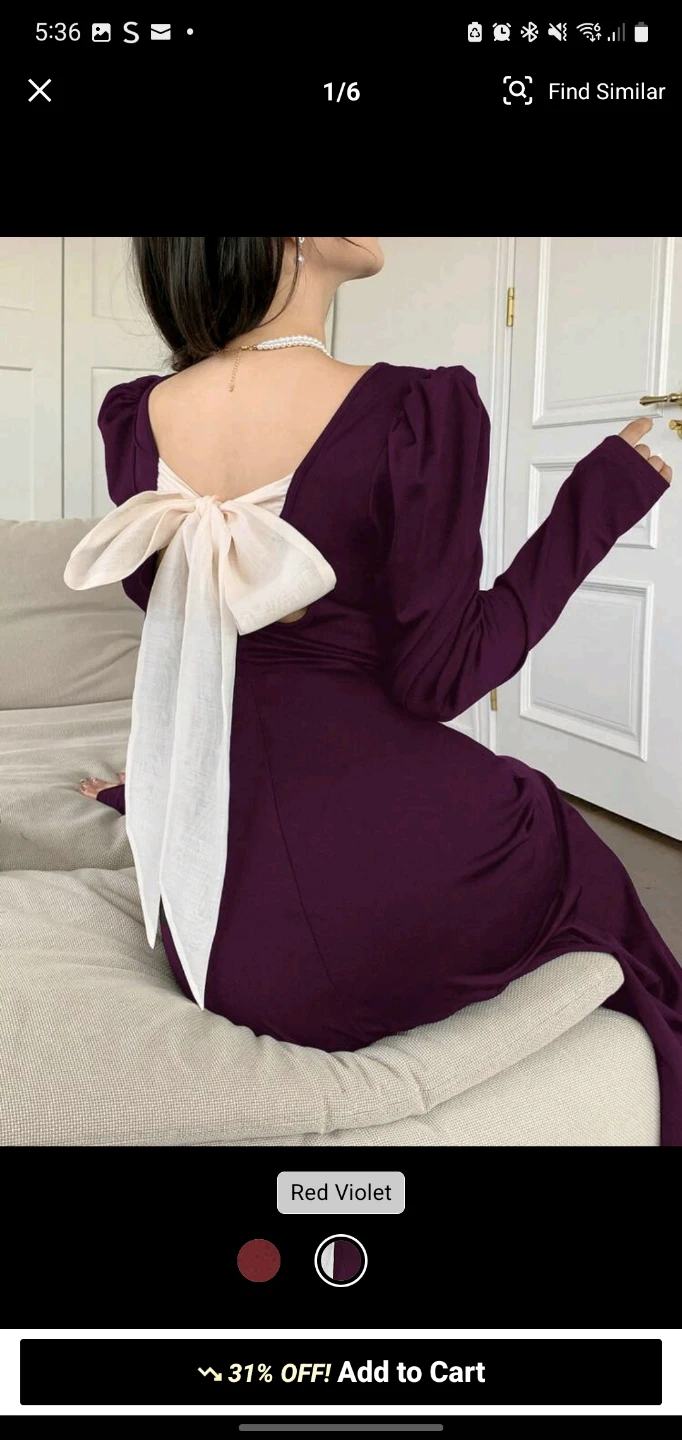 Purple Puff Sleeve Dress with Bow Detail - photo 5