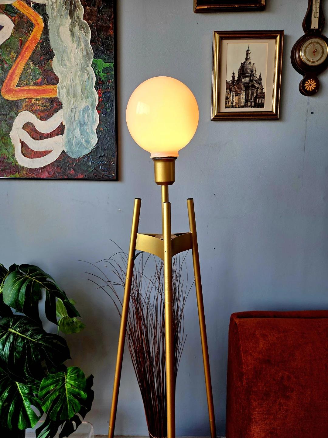 Modern Gold Milkglass Orb Tripod Floor Lamp - photo 4