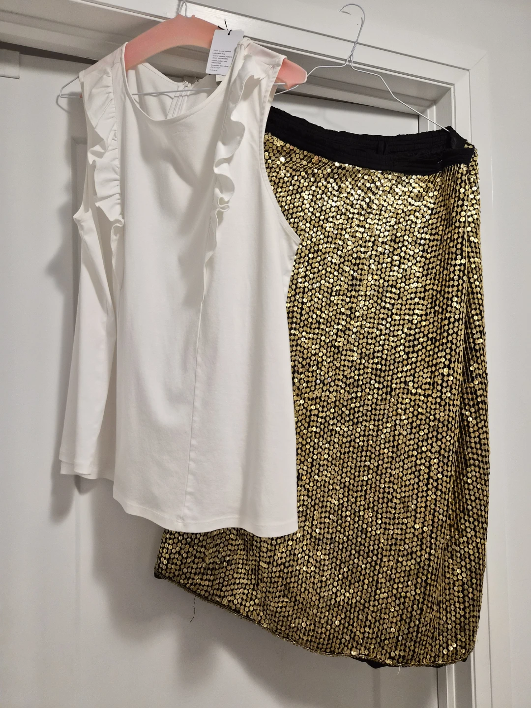 White Ruffle Top & Gold Sequin Skirt Set
