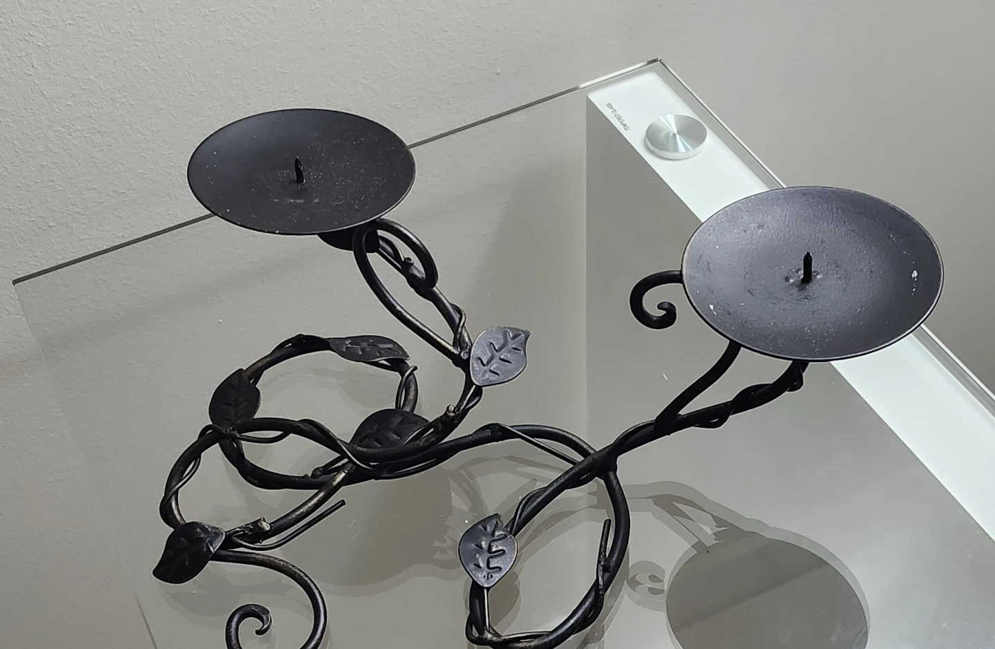 Black Metal Candlestick Holder with Leaf Accents