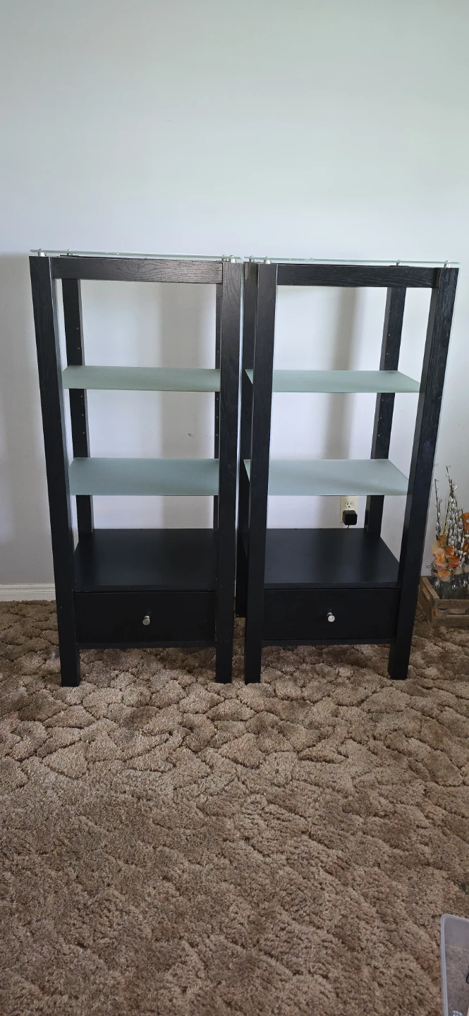 Black wood and frosted glass shelf unit with drawer