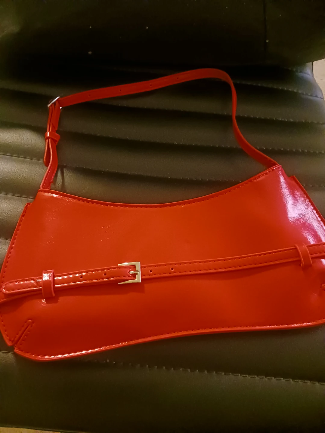 Red Faux Leather Buckle Detail Shoulder Bag