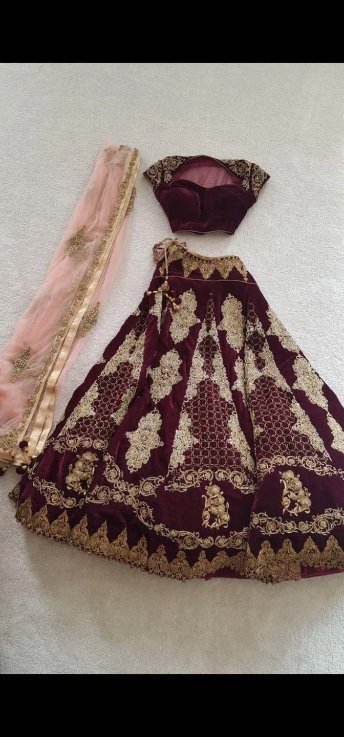 Burgundy Velvet Lehenga with Gold Embroidery