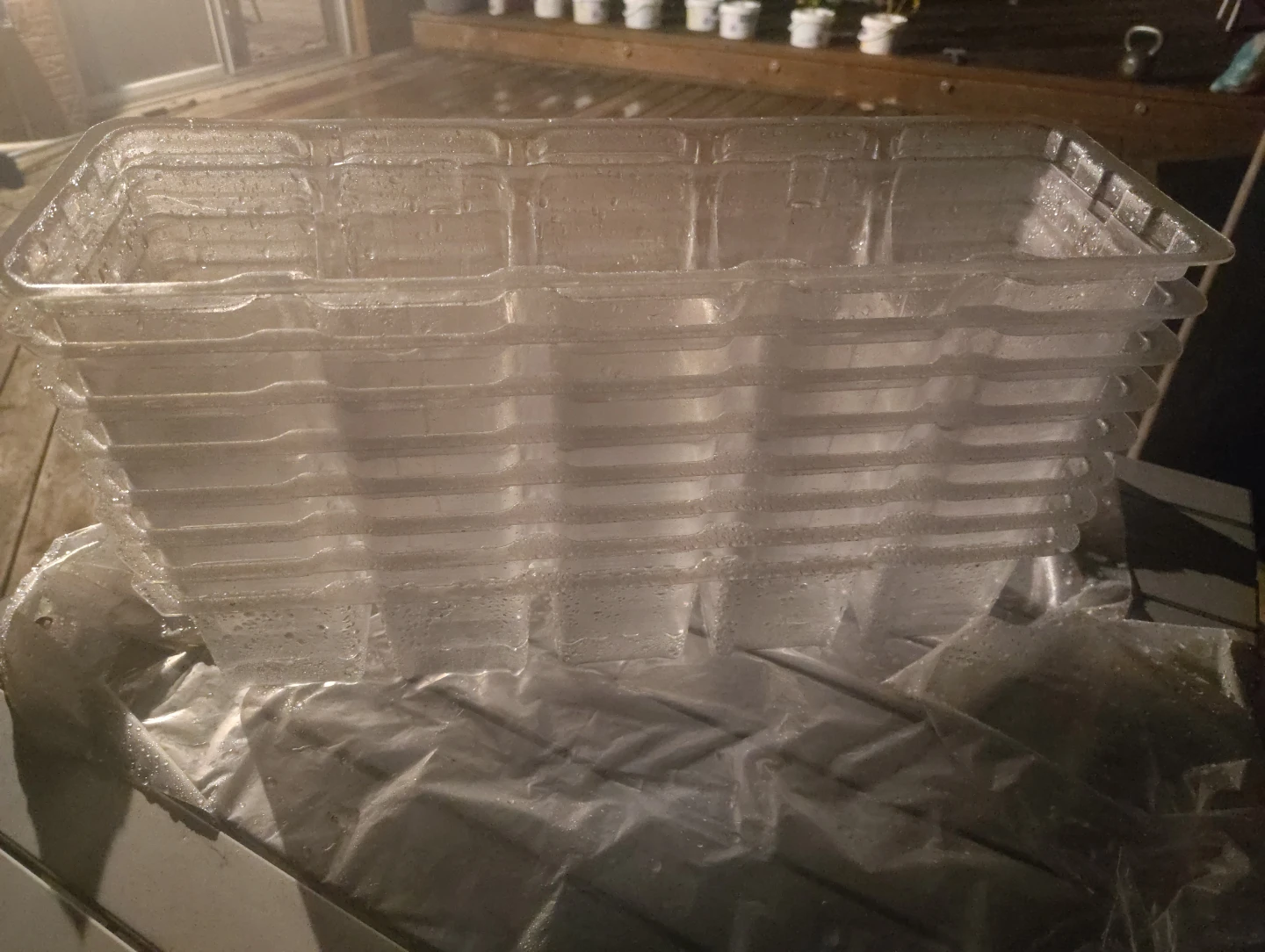 Stack of 8 clear plastic seed trays