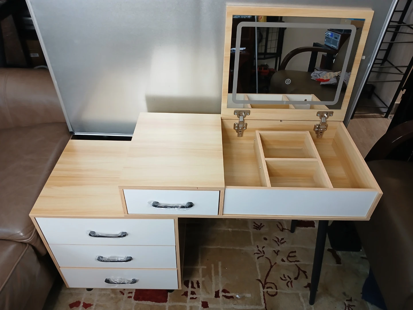 Modern White and Wood Vanity Desk with LED Mirror - photo 5