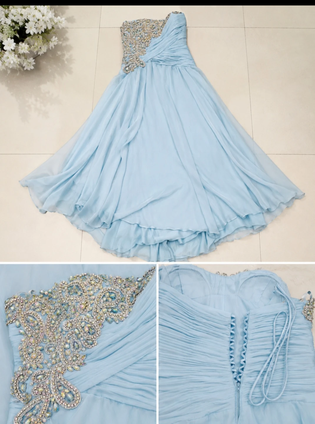 Light Blue Beaded Strapless Gown
