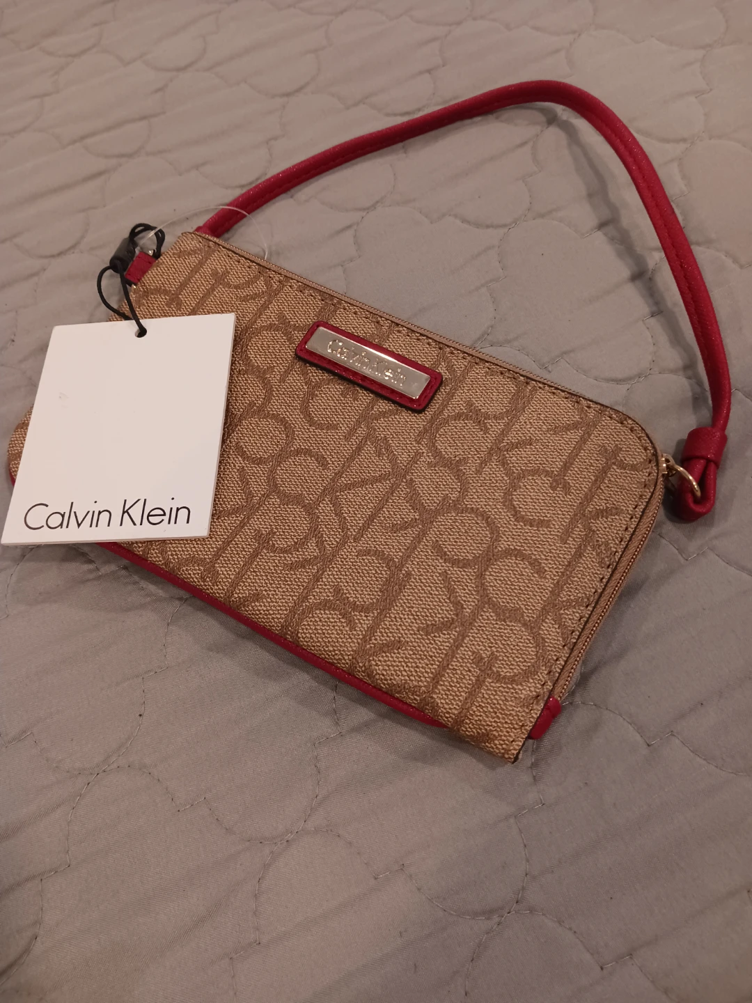 Calvin Klein Wristlet Pouch Monogram Tan Red