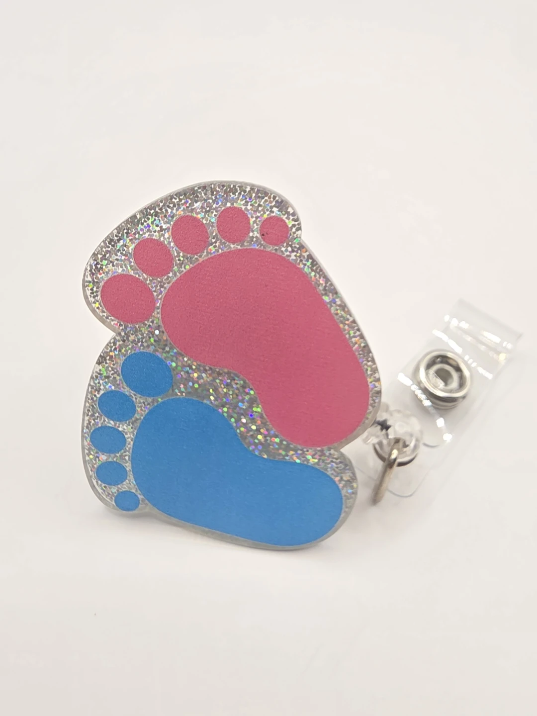Baby Footprint Badge Reel Holder Glitter Pink Blue