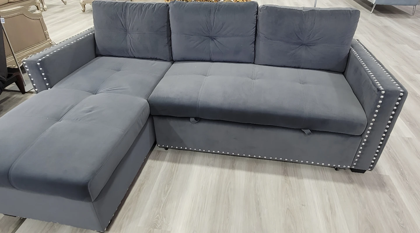 Grey Velvet Pull out Sectional Sofa Bed with Storage