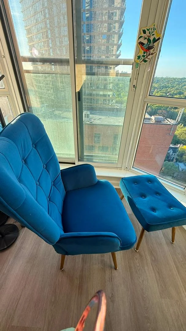Blue Velvet Accent Chair with Ottoman