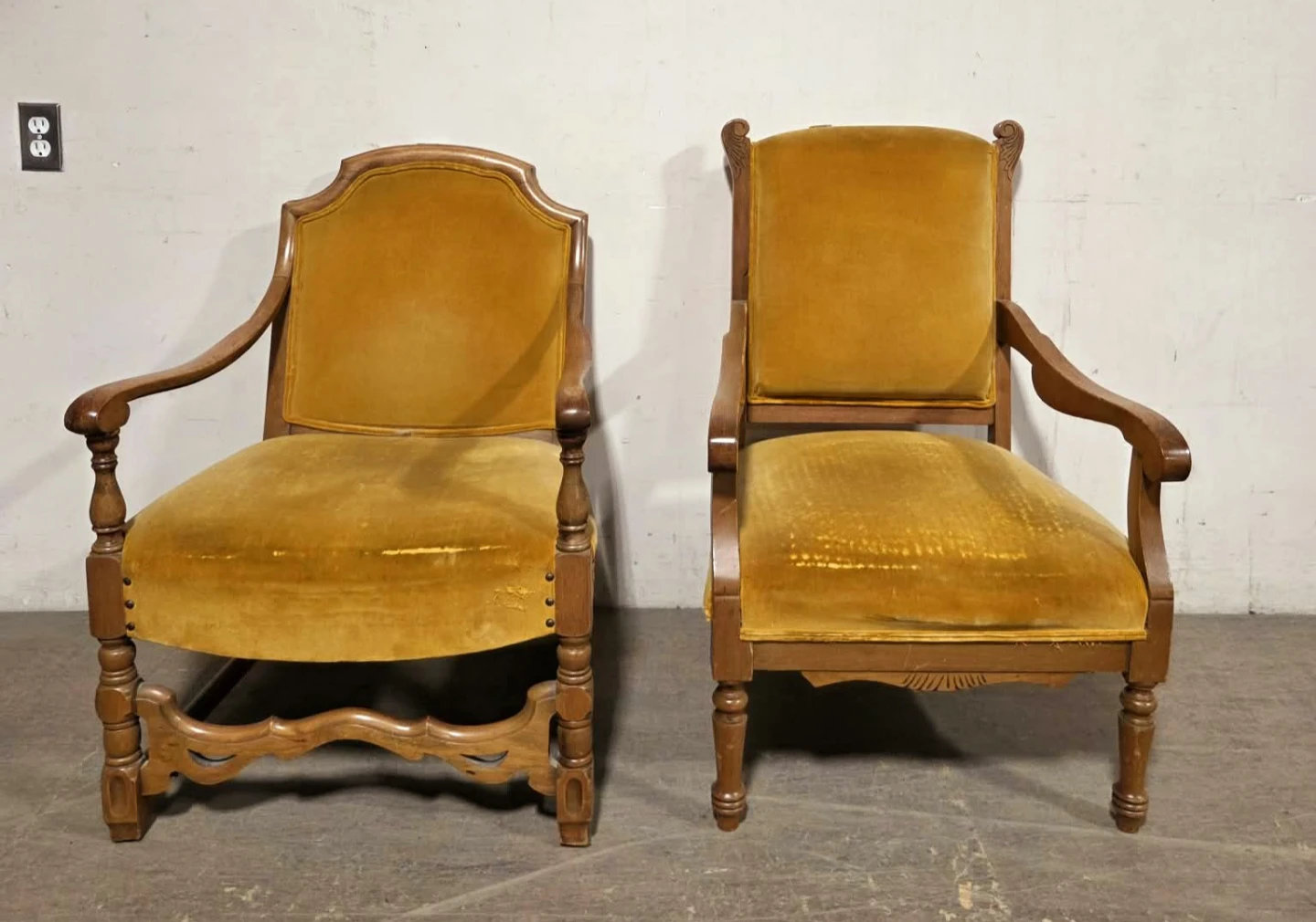 Antique Solid Walnut Accent Chairs With Mustard Yellow Cushions