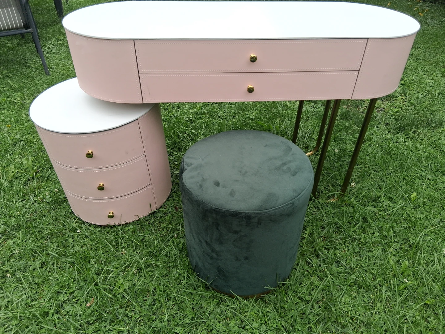 Pink Oval Vanity Dresser with Stool and Side Table