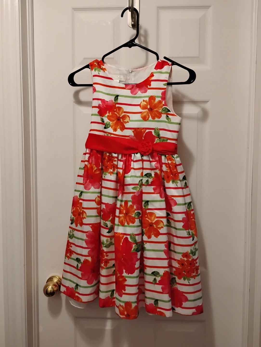 Girls Floral Striped Dress with Red Sash