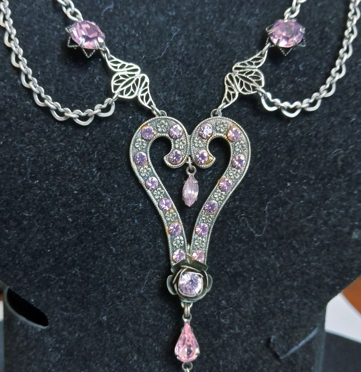 Silver-tone Heart Necklace and Earring Set with Pink Crystals - photo 4