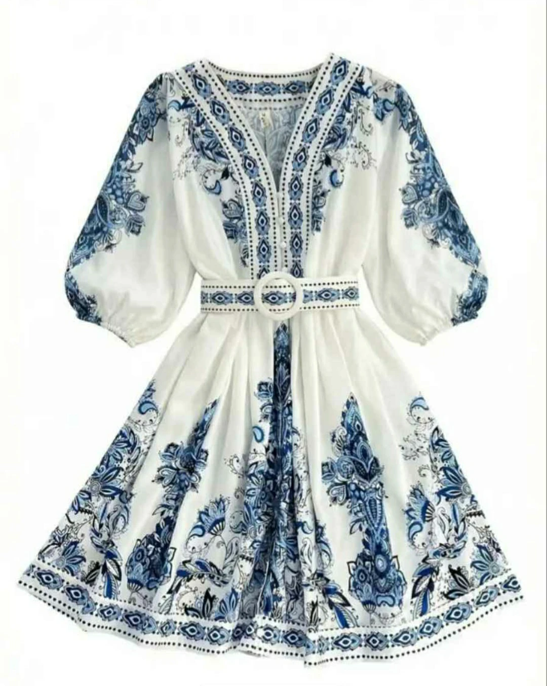 White & Blue Patterned Dress with Belt