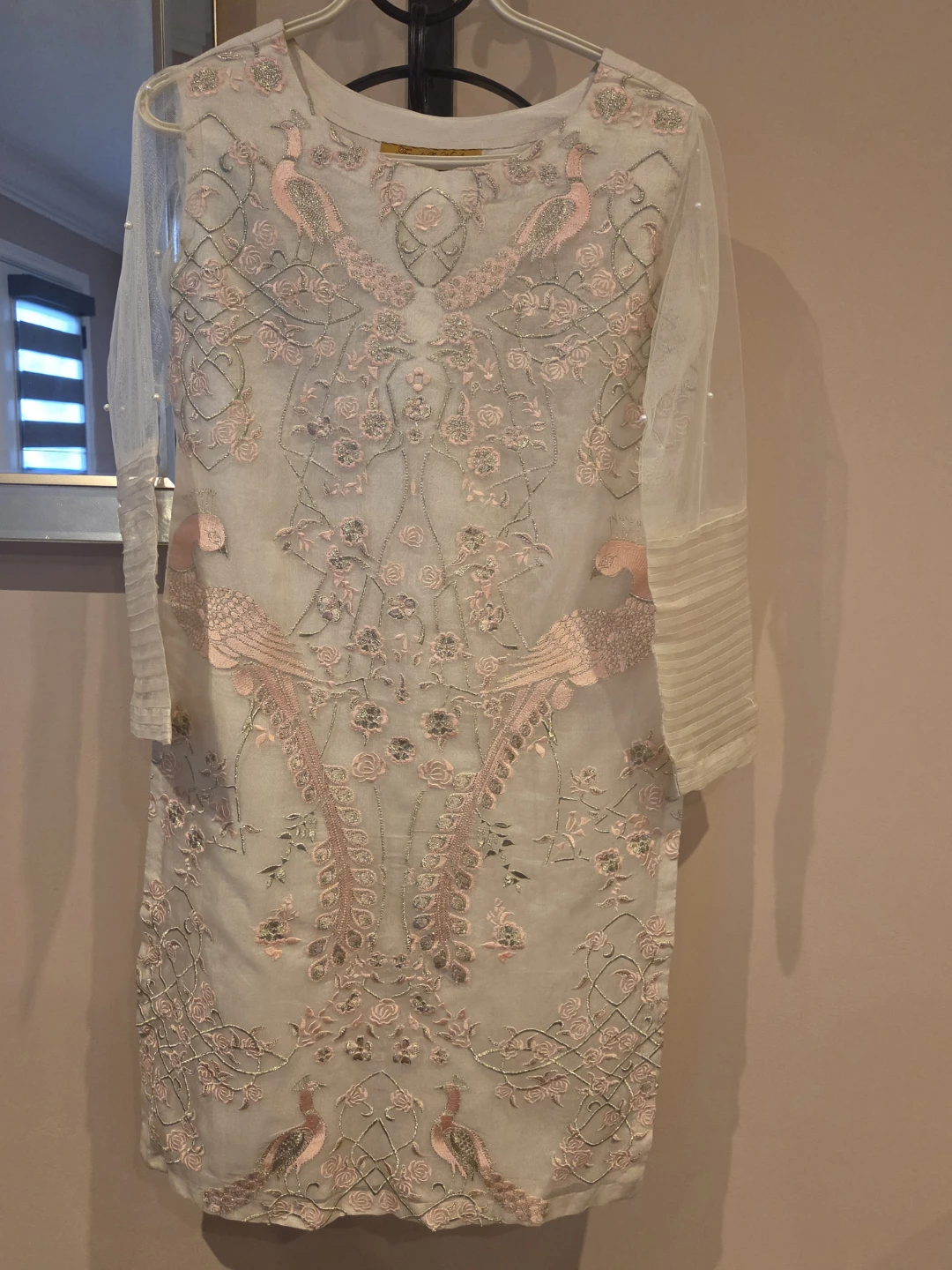 Embroidered White Kurti with Pink Peacocks
