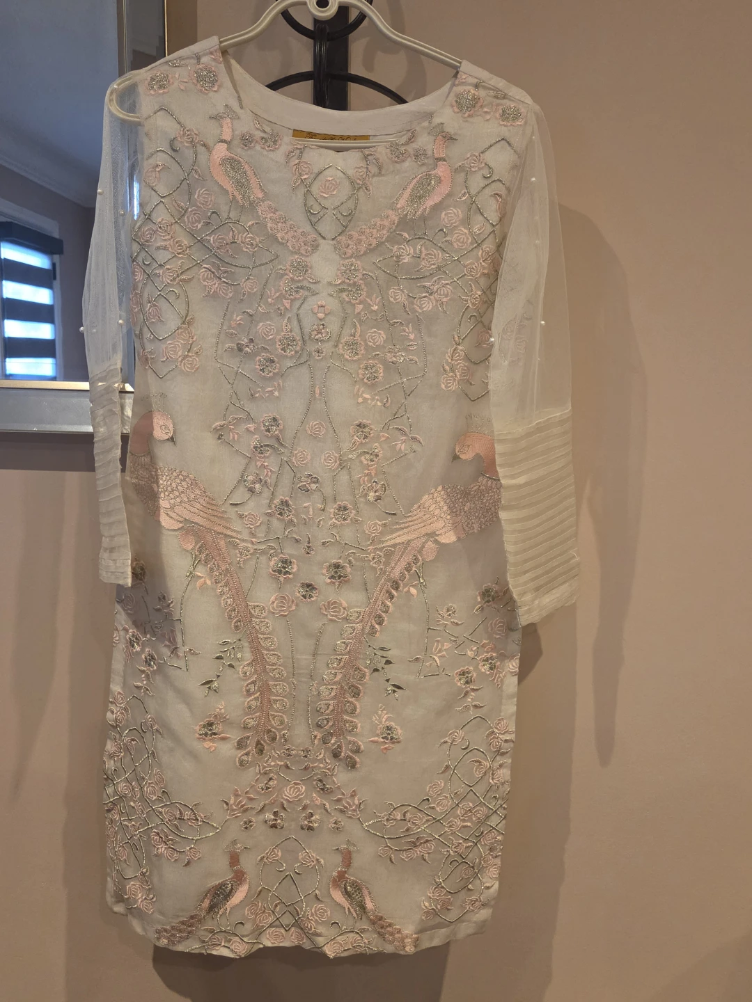 Embroidered White Kurti with Pink Peacocks - photo 2